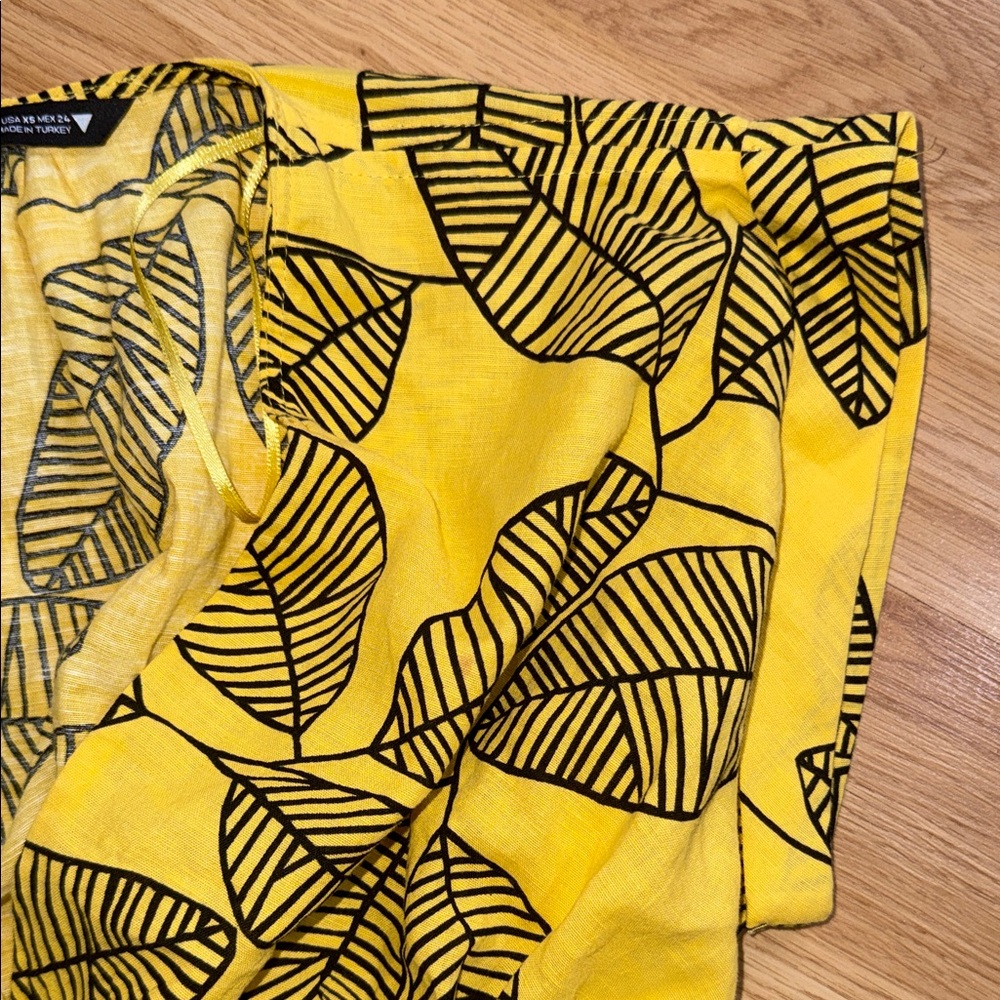 Zara Yellow Leaf-Print Drawstring Crop Top V-Neck Linen Cotton XS - Picture 3 of 7